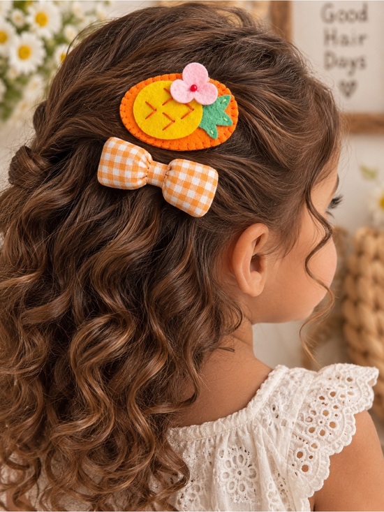 Handmade Other - Pineapple Hair Clip Set for Girls Orange Gingham Bow & Felt Pineapple Clip